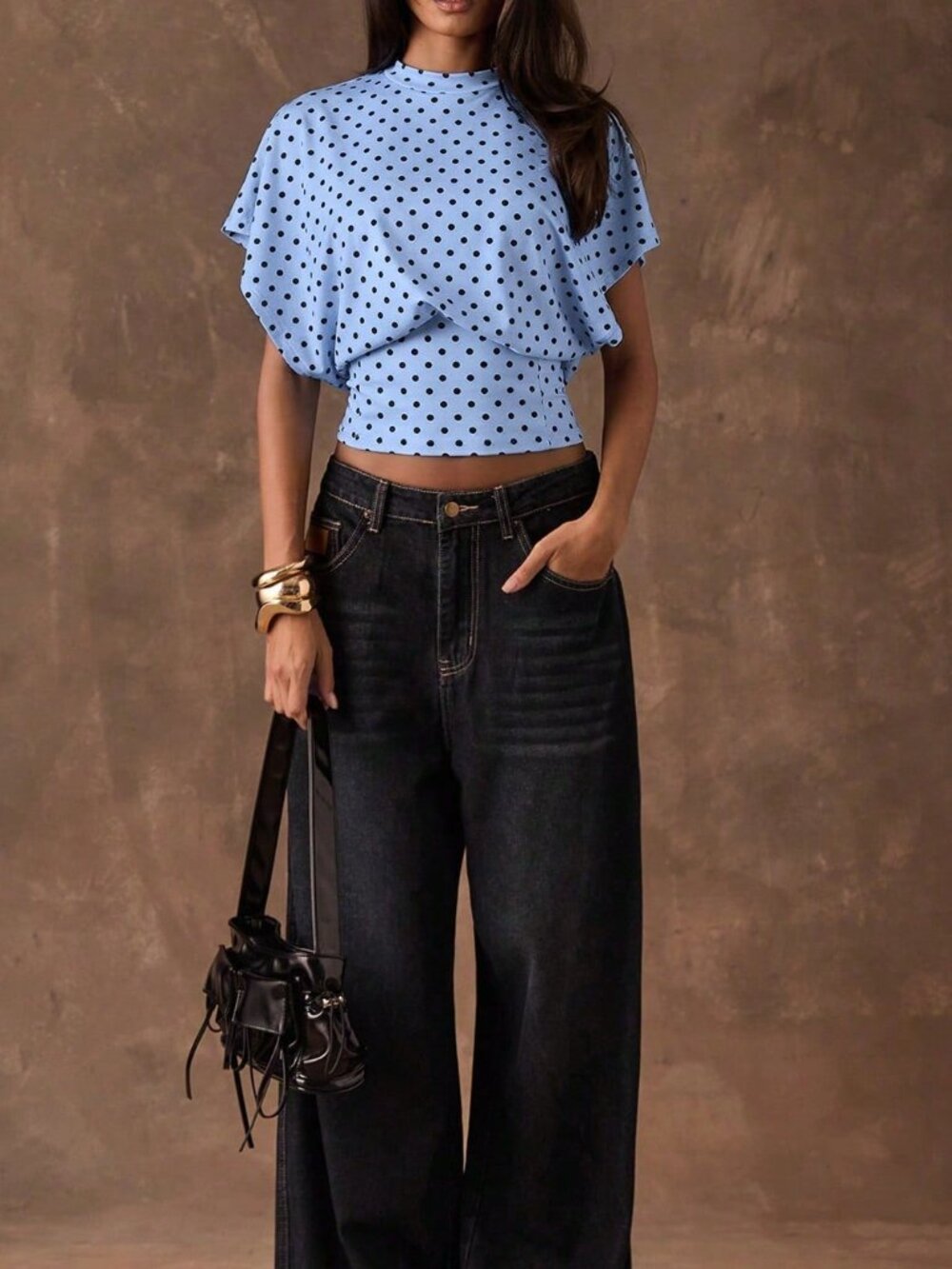 Baby Blue Casual Women's Polka Dot Round Neck Batwing Sleeve T-Shirt